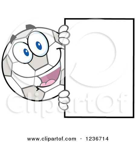 Clipart of a Happy Smilling Soccer Ball Character Looking Around a Sign - Royalty Free Vector Illustration by Hit Toon