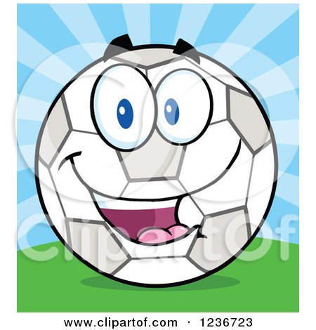 Clipart of a Happy Smilling Soccer Ball Character and Sunshine - Royalty Free Vector Illustration by Hit Toon