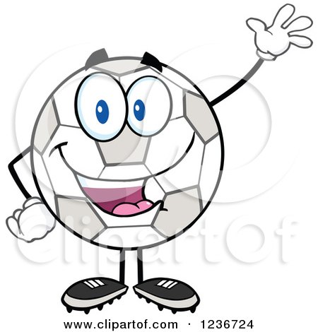 Clipart of a Happy Waving Soccer Ball Character - Royalty Free Vector Illustration by Hit Toon
