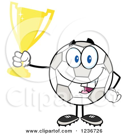Clipart of a Happy Soccer Ball Character Holding a Gold Trophy - Royalty Free Vector Illustration by Hit Toon