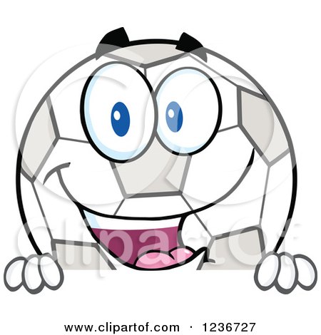 Clipart of a Happy Smilling Soccer Ball Character Above a Sign - Royalty Free Vector Illustration by Hit Toon