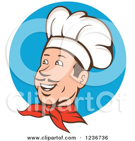 Clipart of a Happy Male Chef with a Mustache over a Blue Circle - Royalty Free Vector Illustration by patrimonio