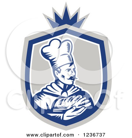 Clipart of a Retro Woodcut Male Chef Baker Holding Bread in a Shield - Royalty Free Vector Illustration by patrimonio
