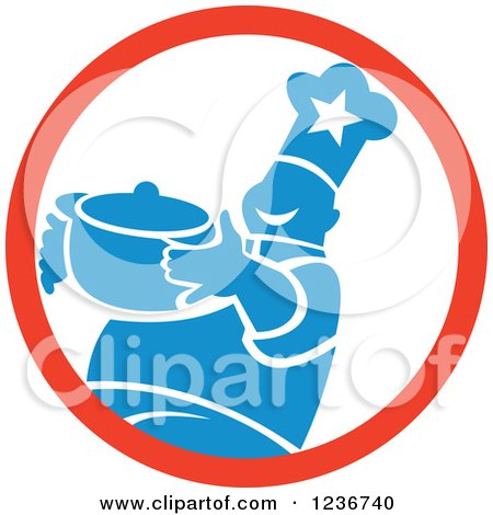 Clipart of a Happy Blue Chubby Male Chef Holding a Pot in a Circle - Royalty Free Vector Illustration by patrimonio
