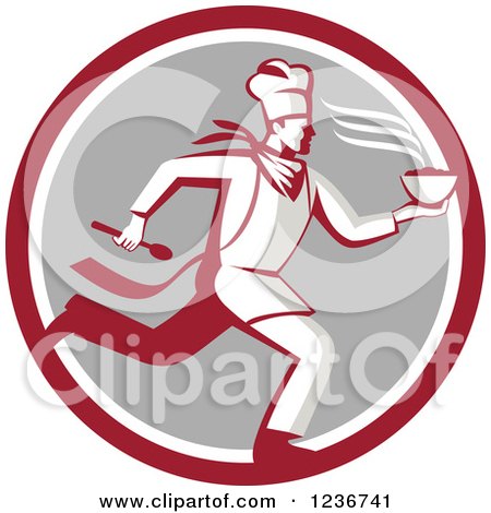 Clipart of a Retro Chef Running with Hot Soup on a Gray and Red Circle - Royalty Free Vector Illustration by patrimonio