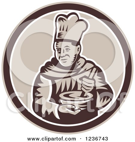 Clipart of a Retro Woodcut Male Chef Mixing in a Circle - Royalty Free Vector Illustration by patrimonio