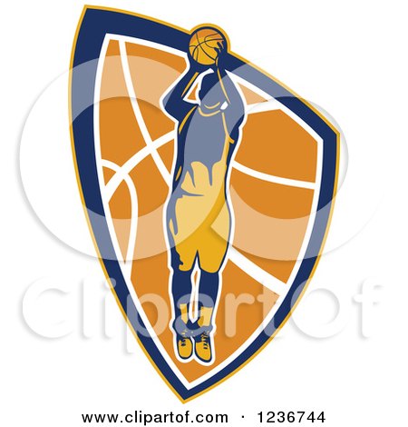Clipart of a Basketball Player Shooting over a Ball Shield - Royalty Free Vector Illustration by patrimonio