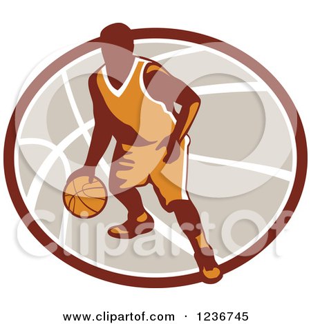 Clipart of a Basketball Player Dribbling over an Oval Ball - Royalty Free Vector Illustration by patrimonio