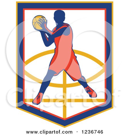 Clipart of a Basketball Player Throwing over a Shield - Royalty Free Vector Illustration by patrimonio