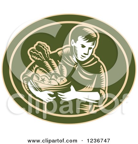 Clipart of a Retro Woodcut Organic Farmer with Produce in a Green Oval - Royalty Free Vector Illustration by patrimonio