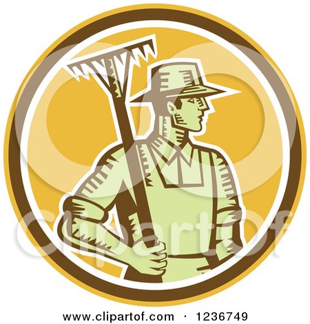 Clipart of a Retro Woodcut Male Farmer Holding a Rake in a Yellow Circle - Royalty Free Vector Illustration by patrimonio