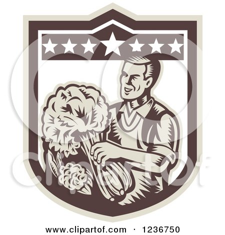 Clipart of a Retro Woodcut Happy Male Grocer with Produce in a Shield - Royalty Free Vector Illustration by patrimonio