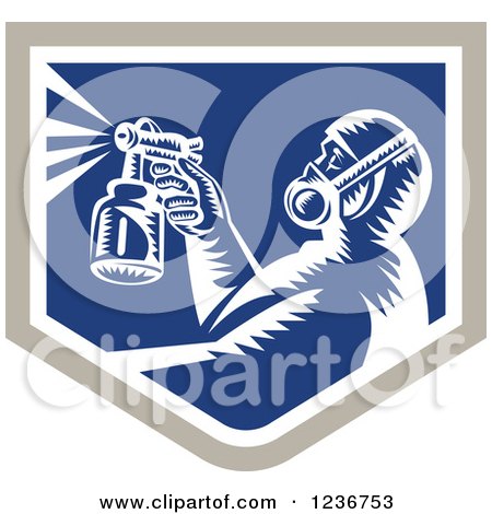 Clipart of a Retro Woodcut Painter Using a Spray Gun in a Blue Shield - Royalty Free Vector Illustration by patrimonio