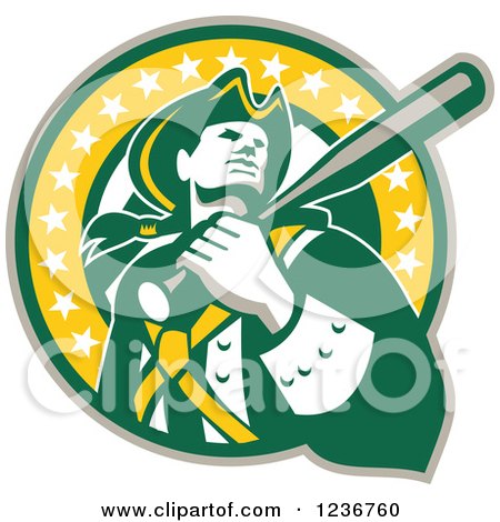 Clipart of a Retro Patriot Soldier Baseball Player with a Bat over His Shoulder in a Yellow and Green American Circle - Royalty Free Vector Illustration by patrimonio