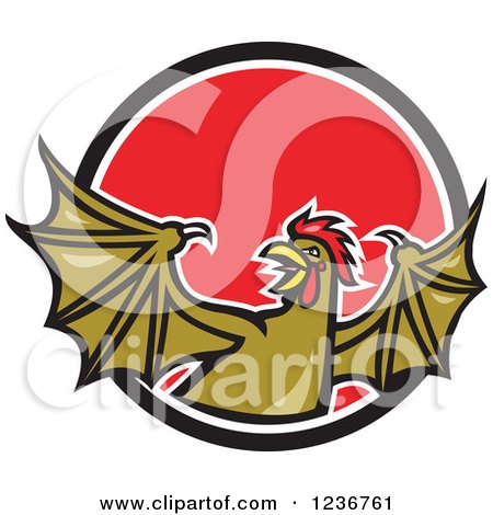 Clipart of a Winged Rooster Snake Basilisk in a Red Circle - Royalty Free Vector Illustration by patrimonio