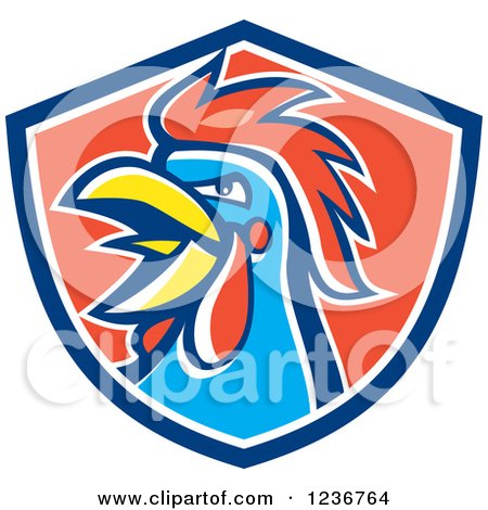 Clipart of a Crowing Rooster in a Red and Blue Shield - Royalty Free Vector Illustration by patrimonio