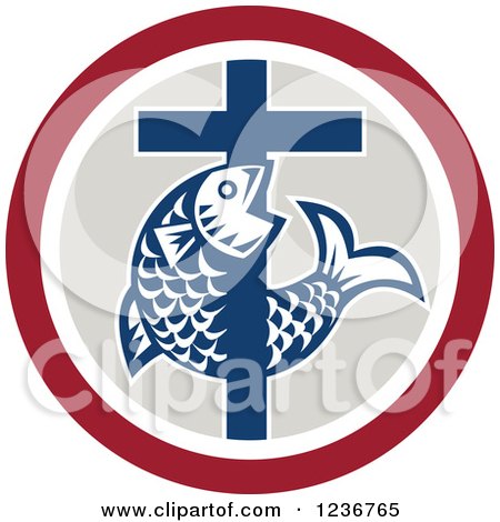 Clipart of a Christian Cross and Fish in a Circle - Royalty Free Vector Illustration by patrimonio