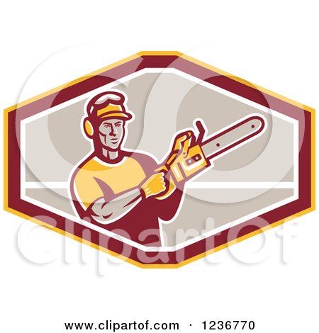 Clipart of a Retro Male Arborist Using a Chain Saw in an Octagon - Royalty Free Vector Illustration by patrimonio