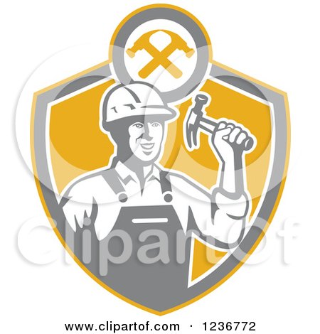 Clipart of a Retro Construction Worker Man Holding a Hammer in a Shield - Royalty Free Vector Illustration by patrimonio