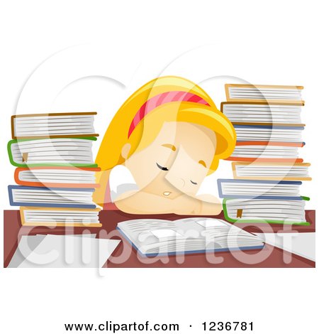 Clipart of a Tired Blond School Girl Sleeping at a Desk with Books - Royalty Free Vector Illustration by BNP Design Studio