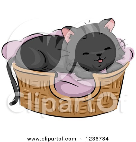 Clipart of a Cute Black Tabby Cat Resting in a Bed - Royalty Free Vector Illustration by BNP Design Studio