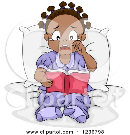 Clipart of a Sad Crying African American Girl Reading a Book in Bed - Royalty Free Vector Illustration by BNP Design Studio