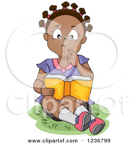 Clipart of a Thoughtful African American Girl Reading a Book - Royalty Free Vector Illustration by BNP Design Studio