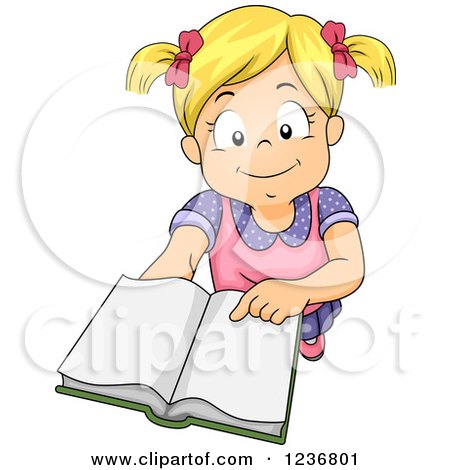 Clipart of a Blond Girl Holding up a Book - Royalty Free Vector Illustration by BNP Design Studio