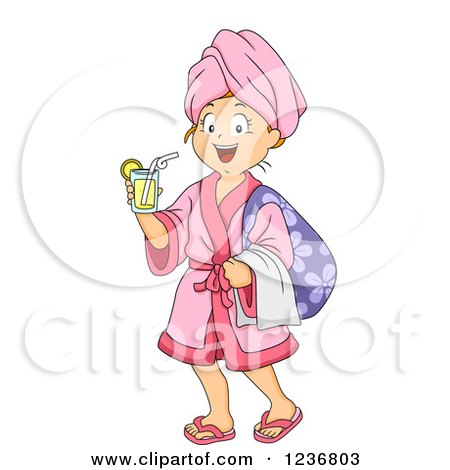 Clipart of a Happy Girl with a Drink and Robe at a Spa - Royalty Free Vector Illustration by BNP Design Studio