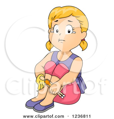 Clipart of a Lonely Blond Girl Crying and Holding a Doll - Royalty Free Vector Illustration by BNP Design Studio