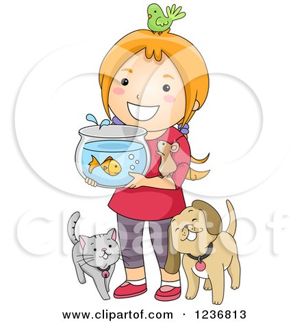 Clipart of a Happy Red Haired Girl with Her Pets - Royalty Free Vector Illustration by BNP Design Studio