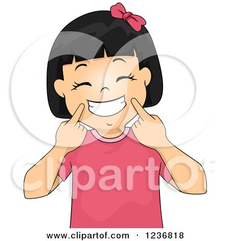 Clipart of a Happy Asian Girl Holding up Corners of Her Mouth and Grinning - Royalty Free Vector Illustration by BNP Design Studio