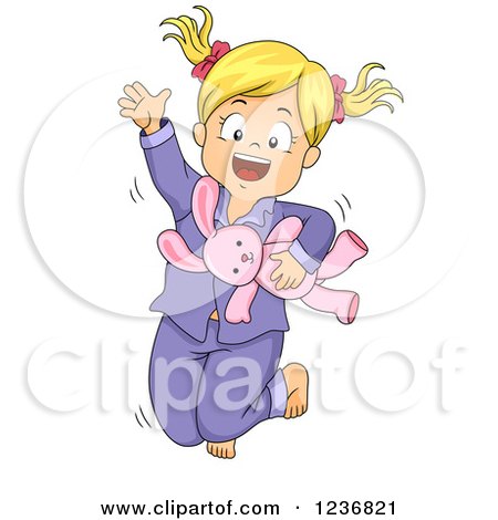 Clipart of an Energetic Blond Girl in Pajamas, Jumping with a Stuffed Rabbit - Royalty Free Vector Illustration by BNP Design Studio