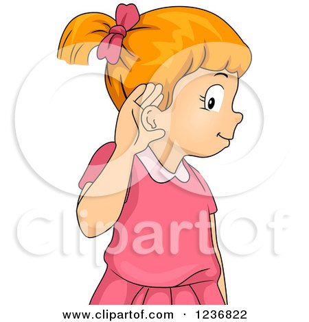 Clipart of a Red Haired Girl Covering Her Ear to Hear - Royalty Free Vector Illustration by BNP Design Studio