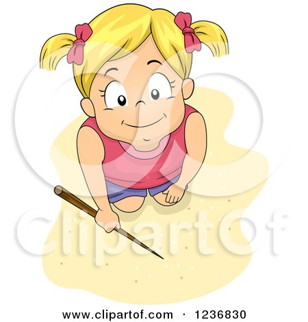 Clipart of a Happy Blond Girl Kneeling and Writing in Beach Sand with a Stick - Royalty Free Vector Illustration by BNP Design Studio