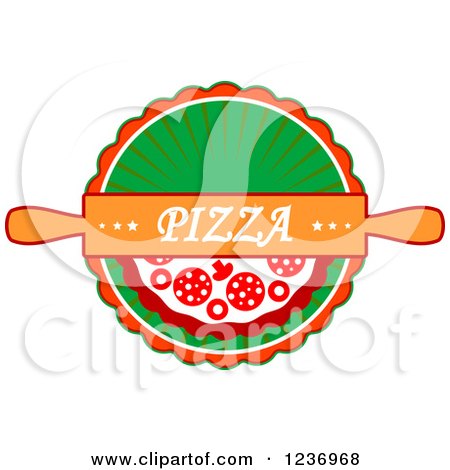 Clipart of a Rolling Pin with Pizza Text over a Pie on Green - Royalty Free Vector Illustration by Vector Tradition SM