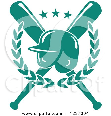 Clipart of a Turquoise Baseball Helmet over Crossed Bats with Stars and a Laurel - Royalty Free Vector Illustration by Vector Tradition SM