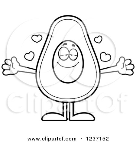 Clipart of a Black and White Sweet Avocado Character with Open Arms and Hearts - Royalty Free Vector Illustration by Cory Thoman