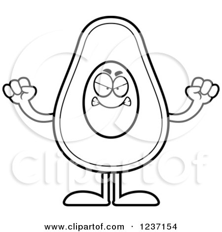 Clipart of a Black and White Mad Avocado Character Holding up Fists - Royalty Free Vector Illustration by Cory Thoman