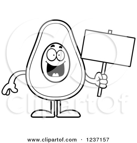 Clipart of a Black and White Happy Avocado Character Holding a Sign - Royalty Free Vector Illustration by Cory Thoman