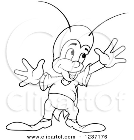 Clipart of a Outlined Happy Cricket Holding His Arms up - Royalty Free Vector Illustration by dero