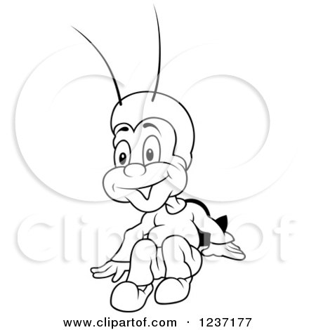 Clipart of a Outlined Happy Cricket Sitting - Royalty Free Vector Illustration by dero