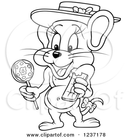 Clipart of a Outlined Female Mouse with a Hat and Candy - Royalty Free Vector Illustration by dero