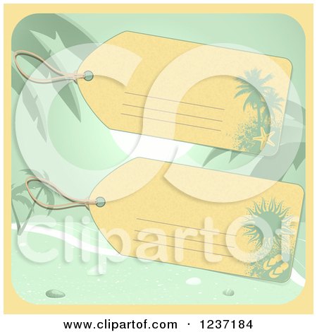 Clipart of Luggage Tags over a Beach Scene - Royalty Free Vector Illustration by elaineitalia