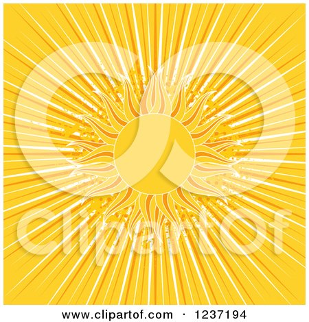 Clipart of a Flaming Summer Sun and Grungy Ray Burst - Royalty Free Vector Illustration by elaineitalia