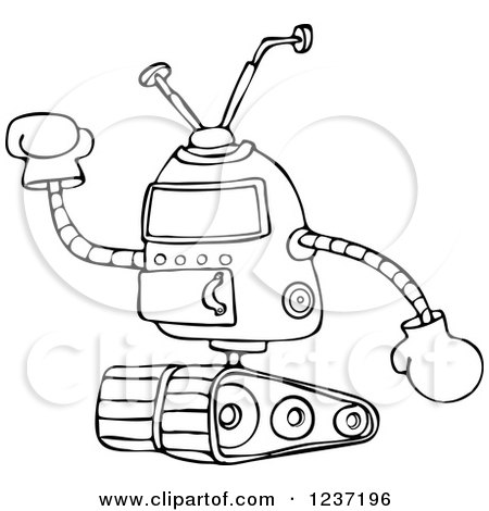 Clipart of a Black and White Robot Holding up a Gloved Hand - Royalty Free Vector Illustration by djart