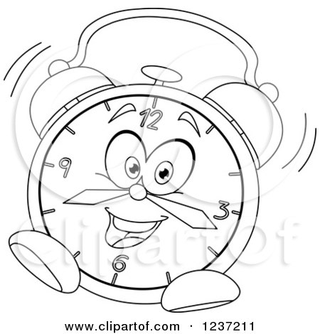 Clipart of a Black and White Ringing Alarm Clock - Royalty Free Vector Illustration by yayayoyo