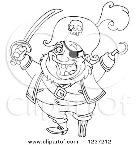 Clipart of a Black and White Pirate Captain with a Hook Hand and Sword - Royalty Free Vector Illustration by yayayoyo