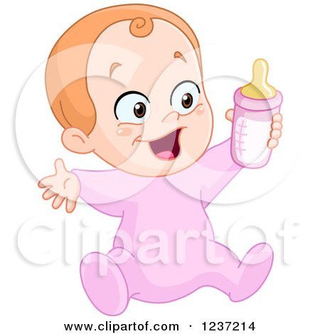 Clipart of a Happy Caucasian Baby Girl Holding a Bottle - Royalty Free Vector Illustration by yayayoyo