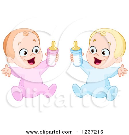 Clipart of a Caucasian Baby Boy and Girl Holding Bottles - Royalty Free Vector Illustration by yayayoyo